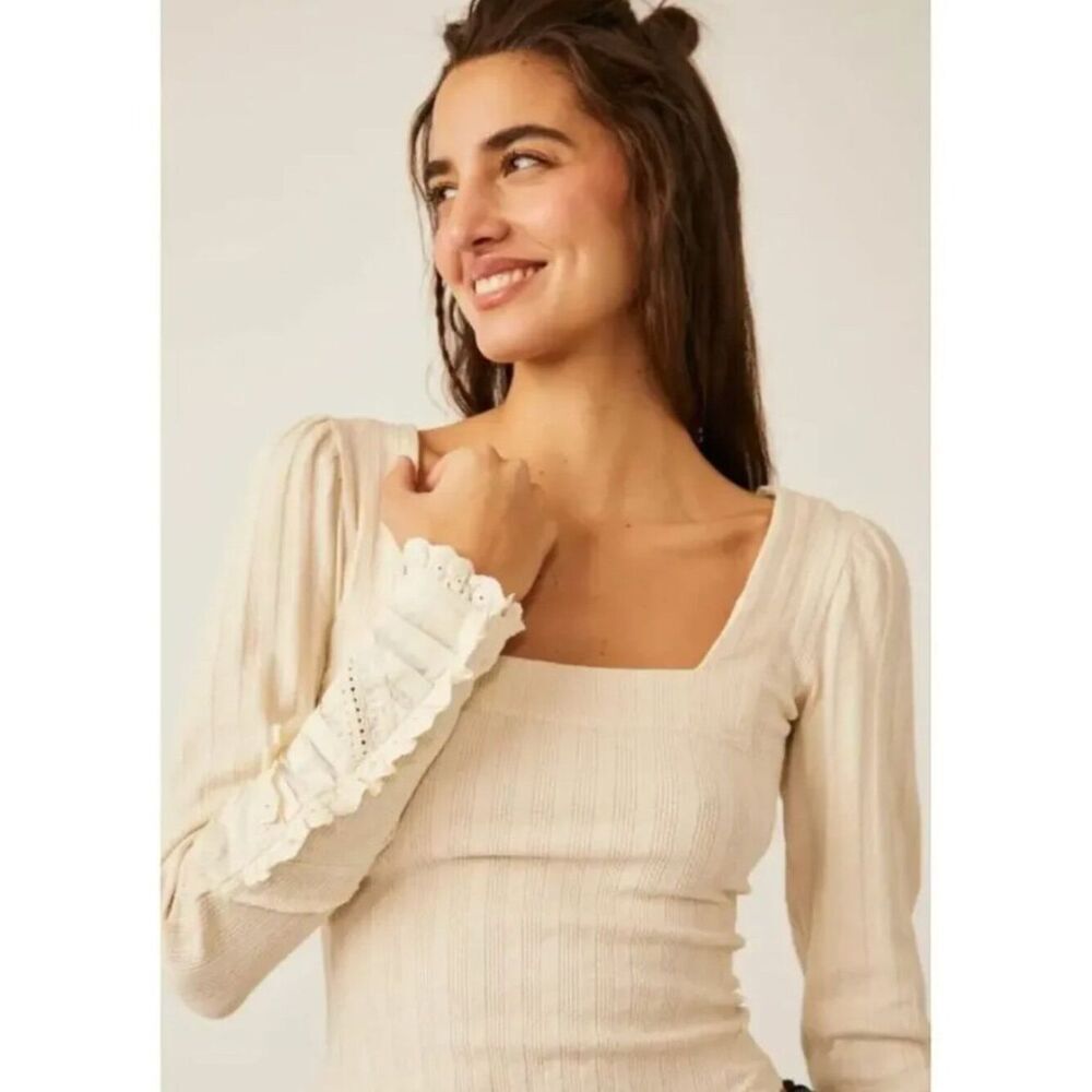 Free People Could I Love You More Ivory Ribbed Lace Cuff Top Small